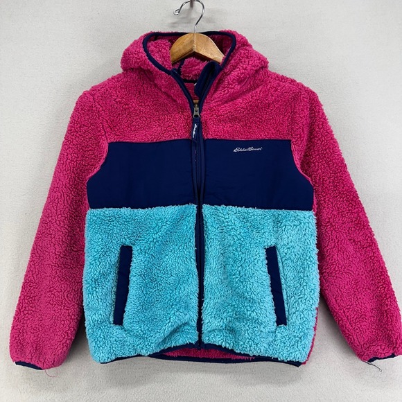 Eddie Bauer Jacket Girls 10/12 Pink Blue Sherpa Full Zip Hooded Warm Cozy - Picture 1 of 4